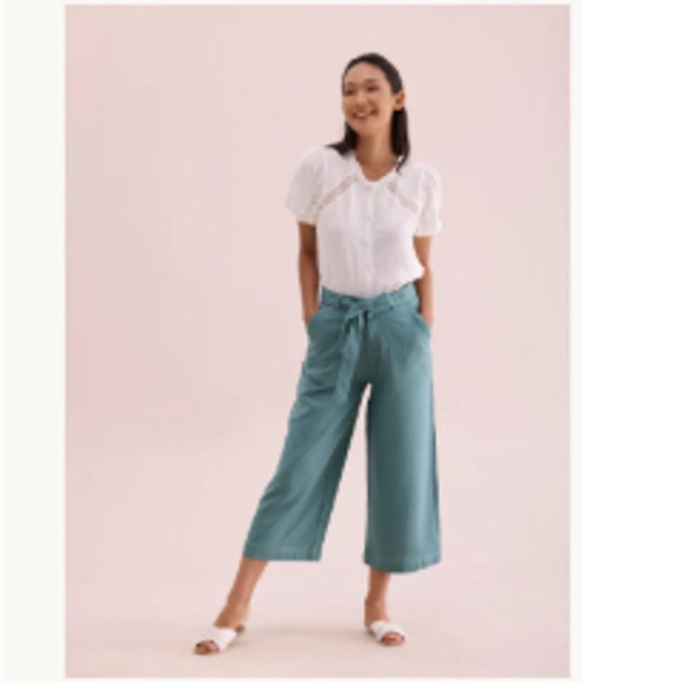 Go Colors Ocean Green Linen Culottes Wide Leg Crop Pants High Rise Size L